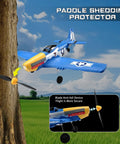 P51D Mustang RC Plane 4 Channel Fighter With 6 Axis Gyro Stabilization flying near a tree, sky in background, safety feature visible.