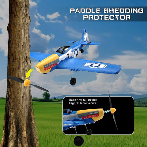 P51D Mustang RC Plane 4 Channel Fighter With 6 Axis Gyro Stabilization flying near a tree, sky in background, safety feature visible.