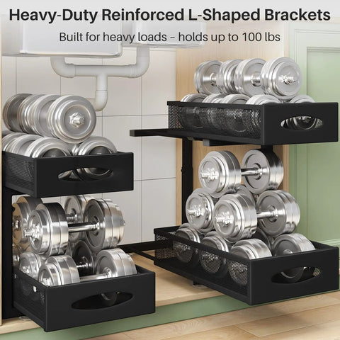 Two Tier Under Sink Organizer With Butter Smooth Mesh Sliding Drawers And Silent Roll Tracks That Make Deep Cabinet Storage A Total Breeze For Quick Every Day Access, featuring heavy-duty L-shaped brackets and silver weights.