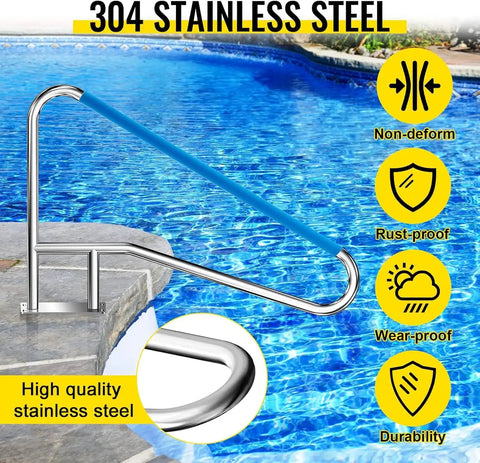 Heavy Duty Pool Handrail With Four Corner Flex And Blue Rubberized Comfort Guard Forged From 304 Stainless Steel by poolside.