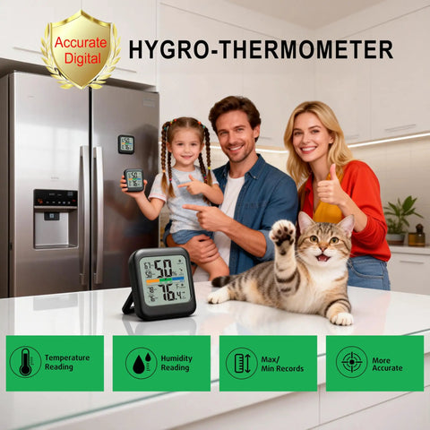 Room Thermometer And Hygrometer Real Time Temperature And Humidity Monitor With Fast Five Second Refresh High Accuracy Digital Meter With 24 Hour Max Min Data Ideal For Humidifiers And Air Conditioning Control. Black digital meter on kitchen counter