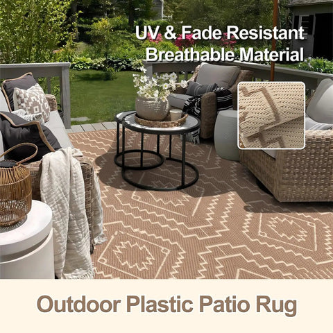 Outdoor Waterproof Plastic Straw Rug 8x10, Reversible Lightweight Carpet For RV Camping shown on patio
