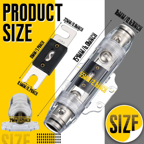 Beefy Inline ANL Fuse Holder Kit, 2 Pack 0/2/4 Gauge AWG With 250A Fuses, Includes Hex Key Wrench, clear inline fuse holder with dimensions