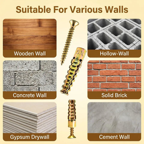 30 Packs Hollow Wall Anchors With Screws For Loose Hinges And Cabinet Doors Durable Metal Anchors To Repair Stripped Holes In Drywall, shown for wood, concrete, brick, drywall, hollow wall