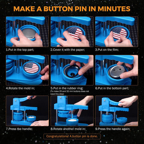 Grab These One Hundred Sets Of Thirty Two Millimeter Button Maker Supplies With Smooth Matte Metal Back Caps Ideal For Building Custom Badges On The Fly Without Any Extra Fuss Or Complications, showing steps for pin making.