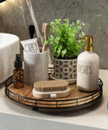 Kick Your Kitchen Clutter To The Curb With This Smooth Spinning Acacia Wood Lazy Susan Turntable Organizer And Round Wooden Tray with bathroom items.