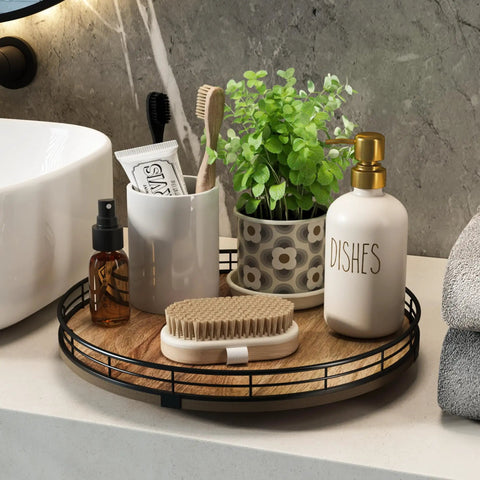 Kick Your Kitchen Clutter To The Curb With This Smooth Spinning Acacia Wood Lazy Susan Turntable Organizer And Round Wooden Tray with bathroom items.