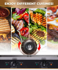 Heavy Duty Commercial Panini Press And Sandwich Maker With Cast Iron Griddle Non Stick Coating 3600W Power Stainless Steel Construction For Outdoor Camping Cooking Meats And Toasting Sandwiches Durable showing adjustable thermostat and various cooked foods