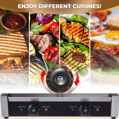 Heavy Duty Commercial Panini Press And Sandwich Maker With Cast Iron Griddle Non Stick Coating 3600W Power Stainless Steel Construction For Outdoor Camping Cooking Meats And Toasting Sandwiches Durable showing adjustable thermostat and various cooked foods