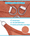 Rust Red Triangle Shade Sail 10x10x10 Outdoor Canopy with stainless steel D-rings and 185 GSM HDPE fabric close-up view