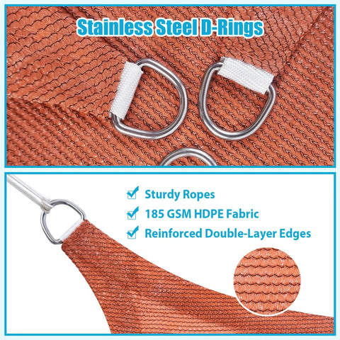 Rust Red Triangle Shade Sail 10x10x10 Outdoor Canopy with stainless steel D-rings and 185 GSM HDPE fabric close-up view