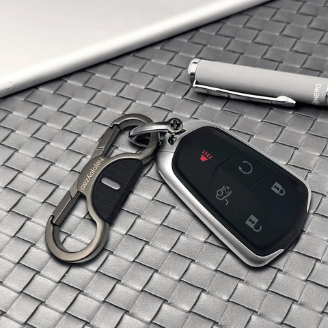 Heavy Duty Keychain With Quick Release Double Carabiner Clip Built Tough For Everyday Carry, D Ring And Key Rings Belt Loop Key Holder In Black Nickel Finish, Durable Zinc Alloy Key Clip For Daily Use with car key on table