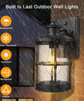 Outdoor Wall Sconces Dusk To Dawn Black Finish Seeded Glass Exterior Wall Mount Lighting 2 Pack Weatherproof Wall Light Fixture, raining
