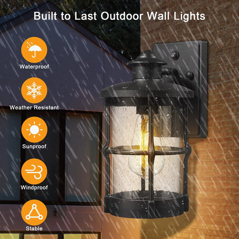 Outdoor Wall Sconces Dusk To Dawn Black Finish Seeded Glass Exterior Wall Mount Lighting 2 Pack Weatherproof Wall Light Fixture, raining