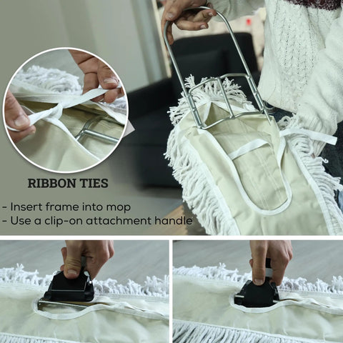 Kick Serious Dust Bunnies With This 36 Inch Industrial Cut End Dust Mop Refill featuring ribbon ties and clip-on handle for easy use.