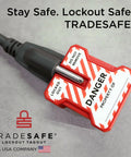 Power Plug Lockout Device For 2 Or 3 Prong Plugs, OSHA Compliant Lockout Lock, Keyed Alike 5 Pack With 2 Keys Each, installed on plug