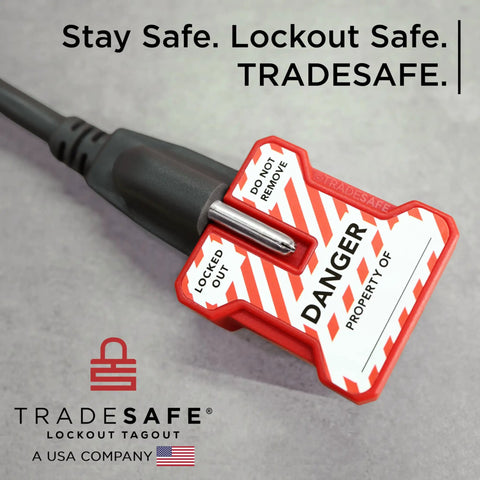 Power Plug Lockout Device For 2 Or 3 Prong Plugs, OSHA Compliant Lockout Lock, Keyed Alike 5 Pack With 2 Keys Each, installed on plug