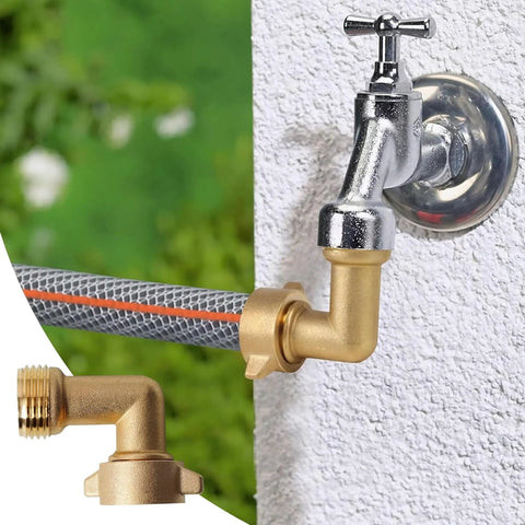 Two Pack Brass 90 Degree Garden Hose Elbow Connectors for Three Quarters Inch Hoses attached to outdoor faucet