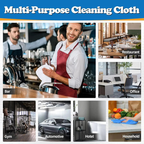 Multi-purpose microfiber cleaning cloth shown in various settings such as bar, restaurant, office, gym, automotive, hotel, and household.