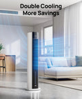 Bedroom Tower Fan With Evaporative Cooling, 43 Inch Upgraded 2025 Model, shown in a modern living room setting, highlighting cooling effect.