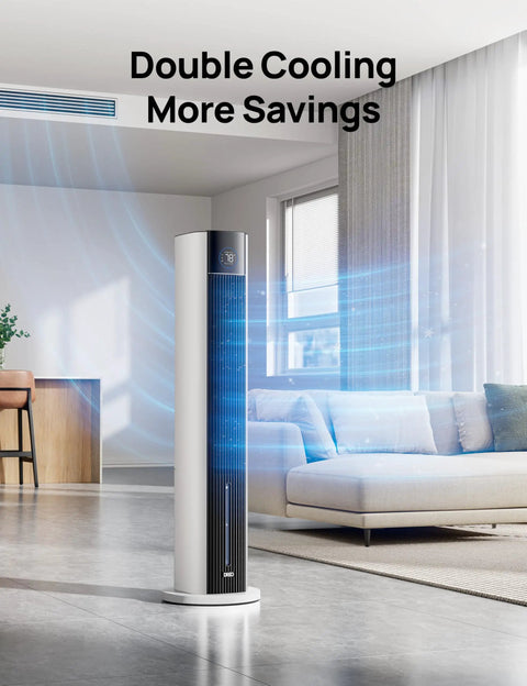Bedroom Tower Fan With Evaporative Cooling, 43 Inch Upgraded 2025 Model, shown in a modern living room setting, highlighting cooling effect.