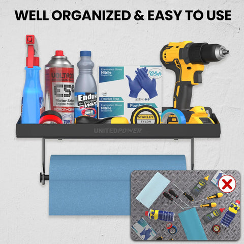 2 In 1 Wall Mounted Tool Tray With Paper Holder For Workshop Shed And Garage Heavy Duty Small Tools Rack loaded with tools and accessories