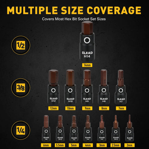 16 Piece Metric Hex Bit Socket Set in Durable S2 Steel with Multiple Size Coverage from 2mm to 14mm for 1/4, 3/8, 1/2 Inch Drives