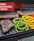 Preseasoned Cast Iron Griddle Reversible Flat And Ribbed Sides For Even Heat Distribution 14 By 16 Inch Cooking Surface In Black Perfect For One Burner Stoves And Everyday Campout Cooking And Grilling with peppers and steak cooking on ribbed side