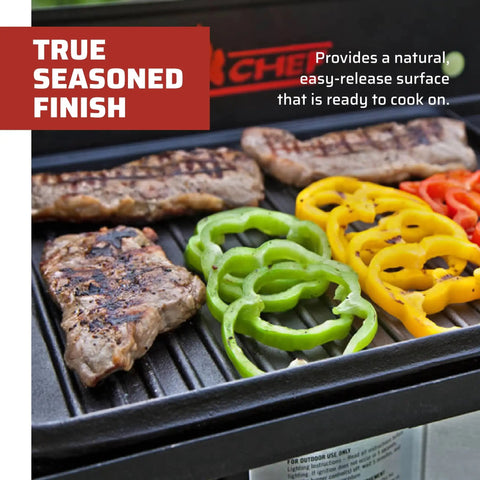 Preseasoned Cast Iron Griddle Reversible Flat And Ribbed Sides For Even Heat Distribution 14 By 16 Inch Cooking Surface In Black Perfect For One Burner Stoves And Everyday Campout Cooking And Grilling with peppers and steak cooking on ribbed side