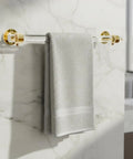 Lucite Open Bracket Towel Bar Wall Mount For Bathroom And Kitchen Dope Rust Resistant Brass With Clear Acrylic Modern Towel Rack Holder For Easy Access 18 x 2.1 x 2.1 Inches showcasing a mounted grey towel