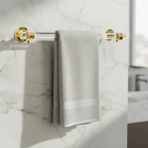 Lucite Open Bracket Towel Bar Wall Mount For Bathroom And Kitchen Dope Rust Resistant Brass With Clear Acrylic Modern Towel Rack Holder For Easy Access 18 x 2.1 x 2.1 Inches showcasing a mounted grey towel