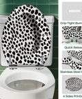 Elongated Resin Toilet Seat for Bathroom with black and white dots design, stainless steel hinges, fits standard toilets.
