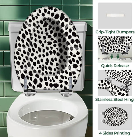 Elongated Resin Toilet Seat for Bathroom with black and white dots design, stainless steel hinges, fits standard toilets.