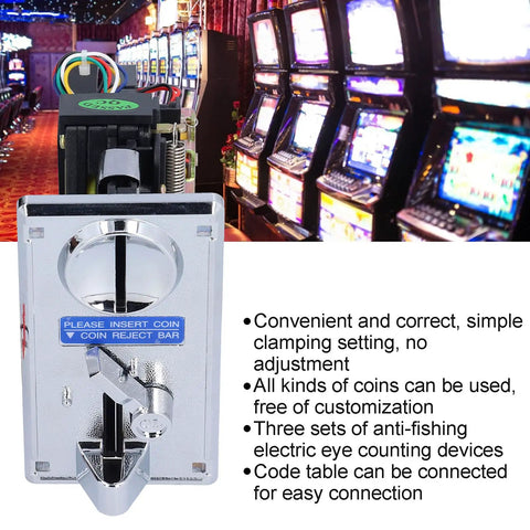 Electronic Coin Acceptor Module For Arcade Vending And Slot Machines, plug and play table mount with anti-fishing eye sensors.