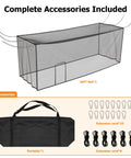 Image showing heavy-duty UV stabilized batting cage net setup and accessories, featuring a square mesh design, side door, clips, cords, and carry bag