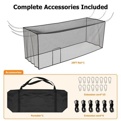 Image showing heavy-duty UV stabilized batting cage net setup and accessories, featuring a square mesh design, side door, clips, cords, and carry bag