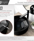 Dope Matte Black Round Vessel Sink 16 Inch Porcelain Over The Counter Bathroom Basin With Enamel Glaze Finish Smooth Non Porous Surface Stain Resistant Durable Contemporary Design next to faucet and plant