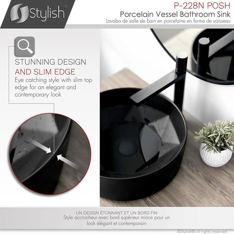Dope Matte Black Round Vessel Sink 16 Inch Porcelain Over The Counter Bathroom Basin With Enamel Glaze Finish Smooth Non Porous Surface Stain Resistant Durable Contemporary Design next to faucet and plant