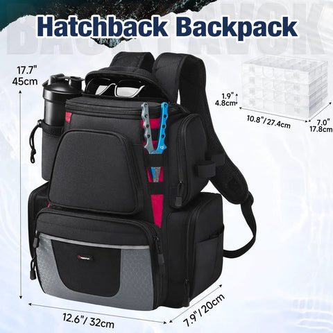 Heavy Duty Fishing Backpack With 2 Rod Holders And 4 Tackle Boxes, Big Tackle Gear Bag, water resistant 1200D nylon, black
