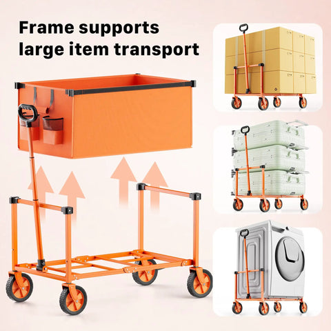 29.3 Inch Collapsible Wagon Cart With 150L Capacity And 260 Lb Load, Portable Folding Rolling Cart For Garden Groceries Sports Gear Camping And Outdoor Trips, Heavy Duty Lightweight Durable Orange with frame for large item transport.