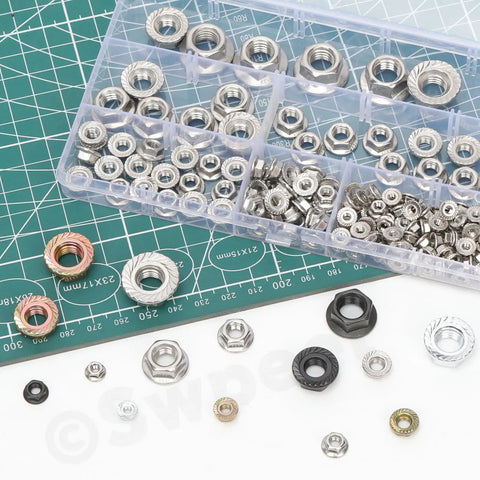 Heavy-Duty 150-Piece Assortment Kit Packed With M3 M4 M5 M6 M8 And M10 Black 304 Stainless Steel Serrated Flange Lock Nuts in storage box.