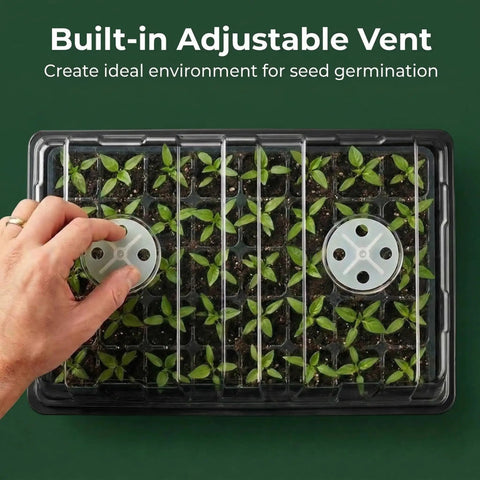 Hand adjusting vent on top of 5-Set Seed Starter Tray Kits With Humidity Vented Domes And Bases For Durable Germination Trays