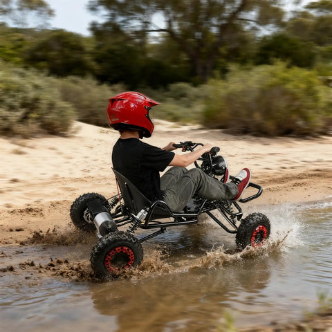 Powerful 2000W Electric Go Kart With Steel Tubular Frame And 8 Inch Off Road Tires speeding through water, black, side view