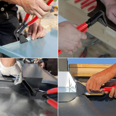 Three Piece Sheet Metal Bending Pliers Set With Straight 45 Degree And 90 Degree Jaws For Roofers in use for metal fabrication