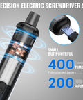 Close-up of Mini Electric Screwdriver 3.7V Cordless Precision Set showing internal components and performance metrics.