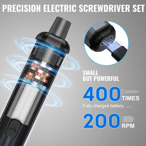 Close-up of Mini Electric Screwdriver 3.7V Cordless Precision Set showing internal components and performance metrics.