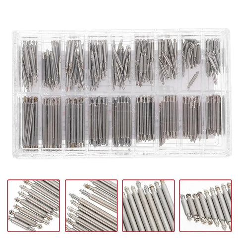 Watch Band Link Pins Replacement Tool Kit with 270 stainless steel spring bars in a clear organizer case for clasp repair