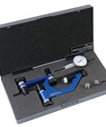 Front view of Accusize dial test indicator with blue universal holder in open foam-lined case