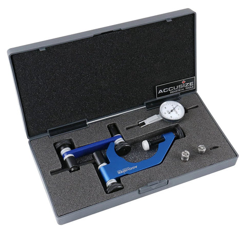 Front view of Accusize dial test indicator with blue universal holder in open foam-lined case