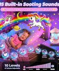 Child sleeping under unicorn night light projector with 360 degree rotation, 21 colors, creating dreamy starry night for girls 4-8.
